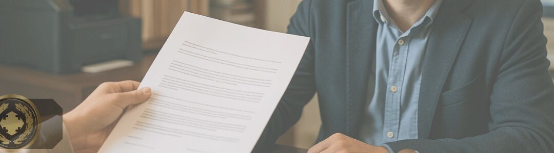 uma pessoa entregando um contrato a um funcionário de cartório, sentado em uma mesa de madeira