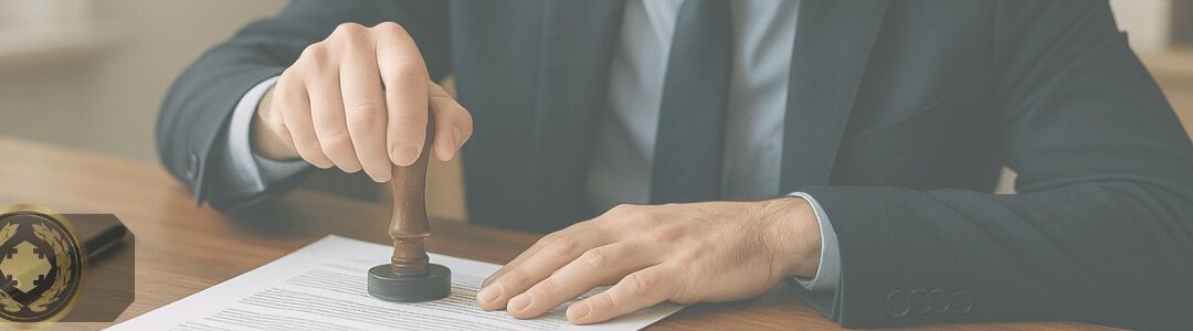 um funcionário de cartório carimbando um documento sobre a mesa, em um ambiente de escritório bem iluminado, com aparência profissional e realista
