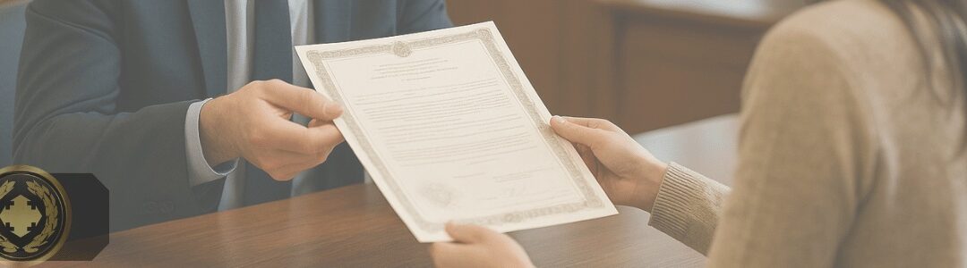 Uma pessoa recebe uma certidão das mãos de um atendente de cartório, em um ambiente interno organizado e iluminado de forma suave, mostrando a entrega do documento de forma realista e profissional