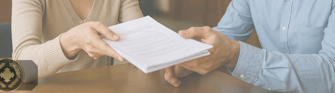 Uma pessoa entrega um conjunto de documentos a um funcionário em um ambiente de cartório bem iluminado, com aparência profissional e realista, ambos focados na troca de papéis sobre uma mesa de madeira