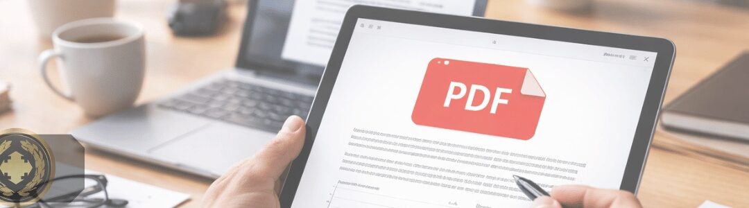 Imagem realista de uma pessoa utilizando um tablet sobre uma mesa de trabalho, visualizando um documento em formato PDF enquanto segura uma caneta digital para interagir com o arquivo