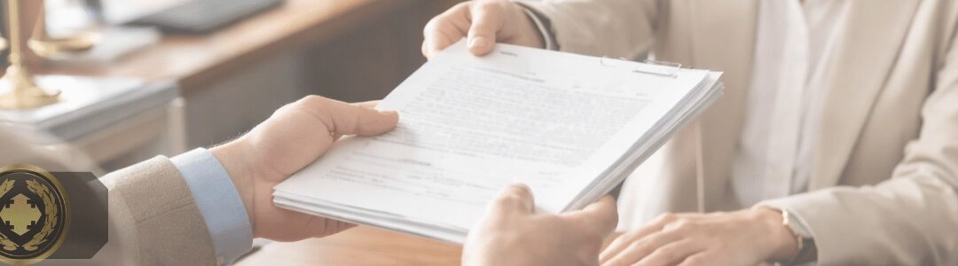 Funcionário de cartório analisa um documento com uma lupa, demonstrando atenção aos detalhes em um ambiente institucional, com iluminação suave e enquadramento realista.