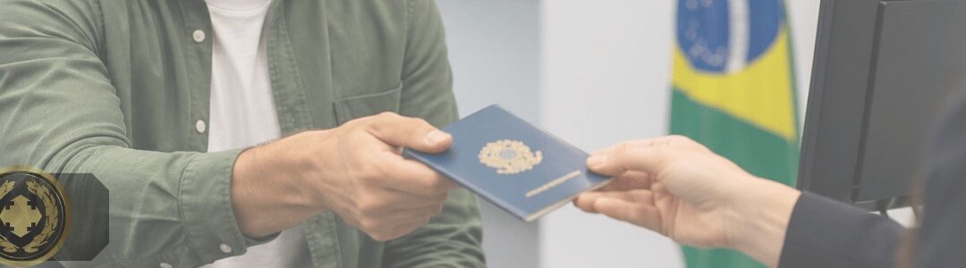Casal sendo atendido em um consulado brasileiro moderno, em um ambiente institucional iluminado, com expressão atenta e bandeira do Brasil ao fundo, transmitindo credibilidade e curiosidade sobre processos consulares